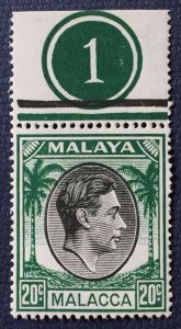 Malaya MALACCA 1949-52 KGVI 20c MNH Top Margin Plate 1 SG#11 M5086