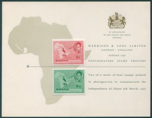 Ghana 1957 2d scarlet & 2½d green SG166-67 on Harrison & Sons presentation card