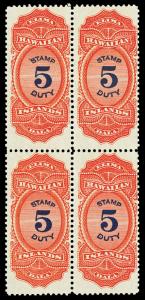 Hawaii Scott R15 1910 $5.00 Revenue Issue Mint Block of 4 F-VF OG NH/LH Cat $210