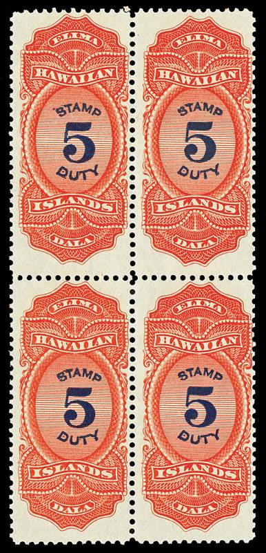 Hawaii Scott R15 1910 $5.00 Revenue Issue Mint Block of 4 F-VF OG NH/LH Cat $210