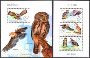 Togo 2013 Birds Owls (2) Sheet + S/S MNH