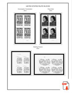US 2011-2015 PLATE BLOCKS STAMP ALBUM PAGES (56 PDF b&w illustrated pages)