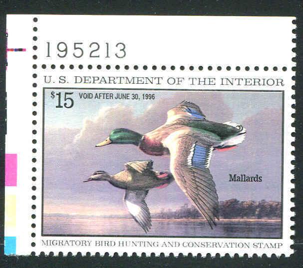 #RW62 Mallards 1995 - US Federal Duck Stamp - MNH VF Top Left Plate # Tab
