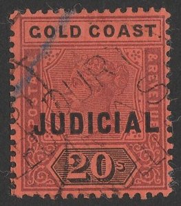 GOLD COAST 1899 'JUDICIAL' on QV 20/- lilac & black on red. Rare top value.
