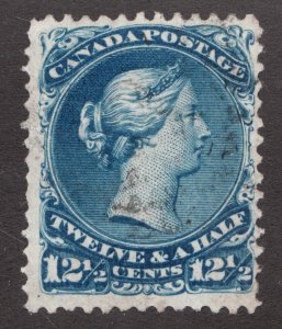 1868 / #28 Used F/VF - 12½ Cent Blue - Large Queen Victoria Stamp - Canada