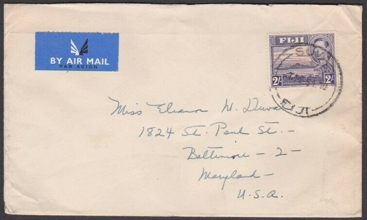 FIJI 1954 cover Suva to USA - GVI 2/- single franking.......................V346