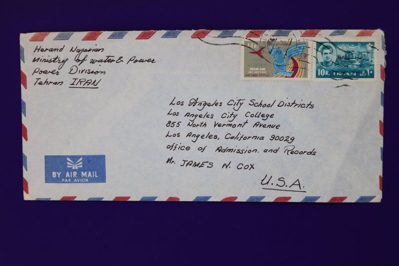 Iran airmail cover to USA College admissions 1965 used sc#1326 1218