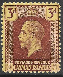 CAYMAN ISLANDS SG75 1923 3d PURPLE ON YELLOW PAPER MTD MINT