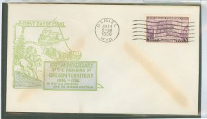 US 783 1936 FDC 3¢ Oregon Territory/100th Anniversery (single) on an unaddressed FDC with a Daniel, WY cancel and a sidenius cac