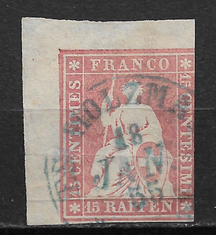 1855-7 Switzerland Sc28 Helvetia 15c with blue thread used small tear