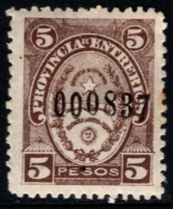 1898 Argentine Local Tax Revenue Province of Entre Rios 5 Pesos MNH