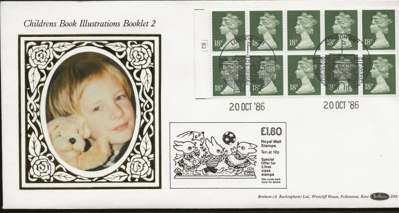 20/10/1986 £1.80 CHILDRENS BOOK ILLUSTRATION BOOKLET 2 CYL.NO.LEFT SELVEDGE FDC