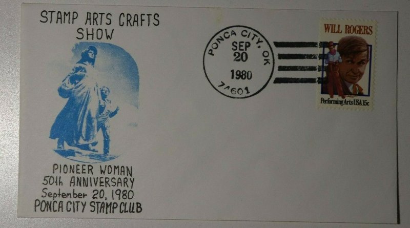 Ponca City Ok Stamp Arts Crafts Show Pioneer Woman 1980 Philatelic Expo Cachet