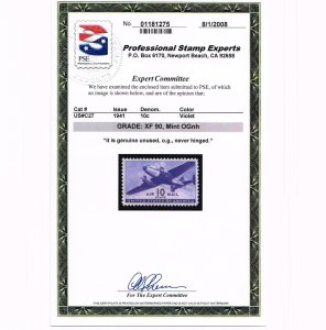 EXCEPTIONAL GENUINE SCOTT #C27 MINT PRISTINE OG NH PSE CERT GRADED XF-90