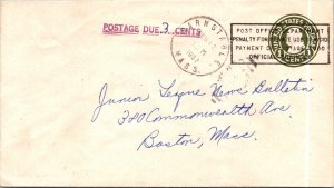 SCHALLSTAMPS UNITED STATES 1957 POSTAGE DUE COVER POST OFFICE OFFICIAL CANC MASS