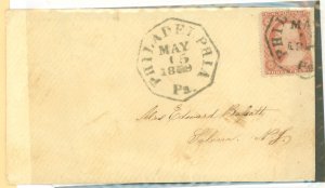 US 26A 1859 3c George Washington, Type IV, Single on small ladies cover with dual octagonal Philadelphia, PA, May 15, 1859 postm