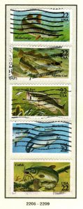 SC# 2205-09 - (22c) - Fish booklet - used set of 5 singles