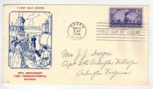 1944 FIRST TRANSCONTINENTAL RAILROAD TRAINS FDC 922-16 FIDELIITY OGDEN UTAH