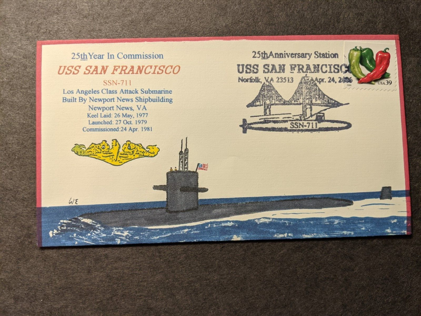 Submarine USS SAN FRANCISCO SSN711 Naval Cover 2006 EVERETT HANDDRAWN