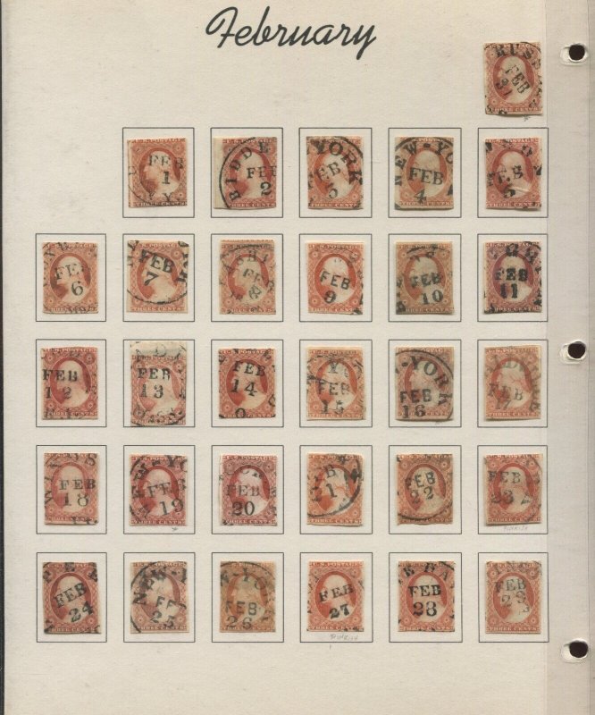 1851 3¢ Complete Calendar Collection 11 & 11A of 366+ Stamps with BLACK CANCELS