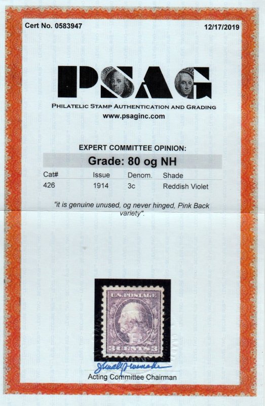 # 426 MINT ORIG GUM MNH 3 CENT WASH ,PSAG CERT ⭐⭐⭐⭐⭐