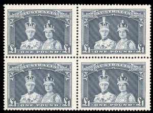 Australia #179 Cat$460, 1938 £1 blue gray, block of four, never hinged