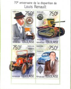 A8957 - TOGO - ERROR MISPERF Stamp Sheet - 2014 LOUIS RENAULT, Transport