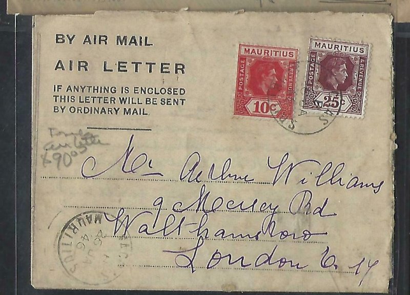 MAURITIUS  COVER (PP0111B) 1946 FORMULA AIR LETTER KGVI 10C+25C TO ENGLAND