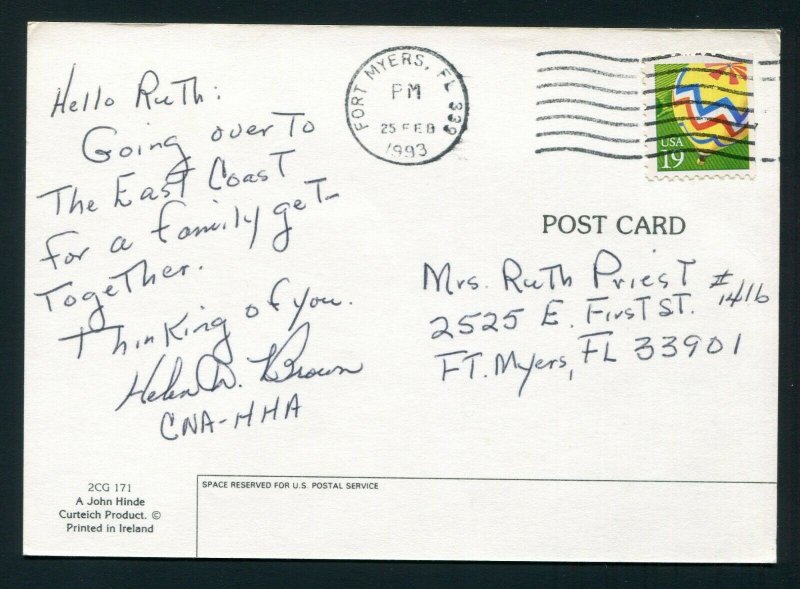 1993 Fluffy White Kitten Postcard - Fort Myers, Florida to Local Address