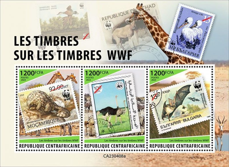 C A R - 2023 - WWF, Stamps on Stamps - Perf 3v Sheet  - Mint Never Hinged