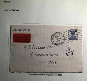 1942 Calcutta India Express Mail Cover To Old Delhi