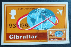 Gibraltar Airmail 50th Anniversary First Day Postcard. Celebrating 50 yea...
