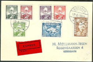 GREENLAND 1945, 1st issue set tied Godhavn Red Express on card to Denmark