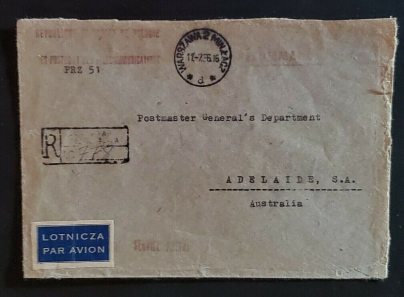 1956 Warsaw Poland to Adelaide Australia Soldier's Free Mail Registered Cover