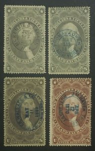 MOMEN: US STAMPS #R84c 4 HANDSTAMPS SHADES REVENUE USED LOT #71797