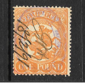 VICTORIA 1 POUND £1 Orange yellow STAMP DUTY crisp cancel 1891