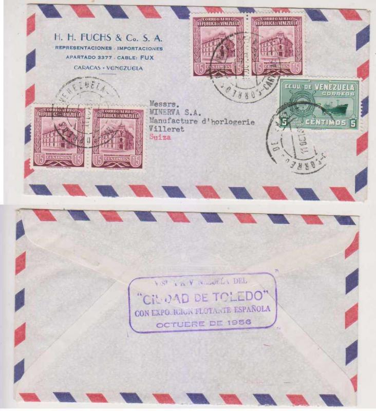 VENEZUELA 1956 AIR COVER CARACAS TO VILLERET SWITZERLAND WITH COMMEMORATIVE MARK