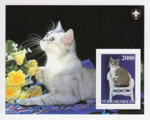 Turkmenistan 1997 DOMESTIC CATS-FLOWERS-SCOUT EMBLEM S/S (1) PERFORATED MNH