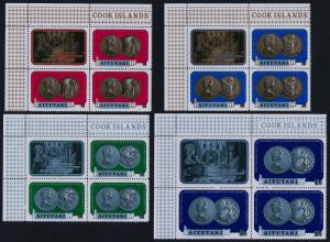 Aitutaki 66-72 TL Blocks MNH Coins on Stamps, Bird, Fish, Fruit, Flower
