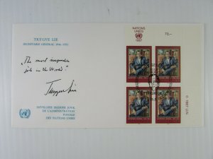 1987 UN 3 signed Trygve Lie FDC's Secretary General  CDS corner blocks