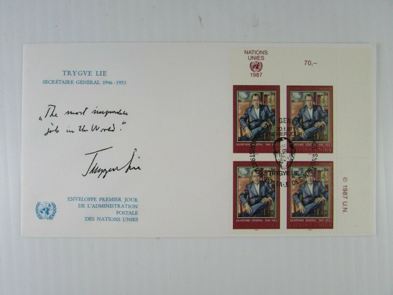 1987 UN 3 signed Trygve Lie FDC's Secretary General  CDS corner blocks