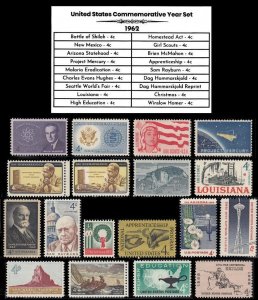 1962 Complete Mint Year Set of Vintage Commemorative Postage Stamps