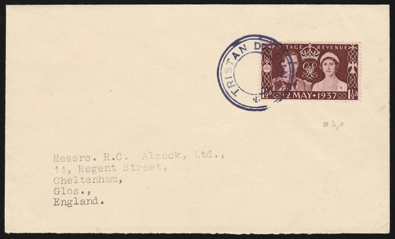 TRISTAN DA CUNHA : 1936 Cover franked Coronation 1½d type VII cachet To England 