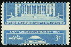 1029, Mint NH 3¢ Misperfed Error - Columbia Univ * Stuart Katz