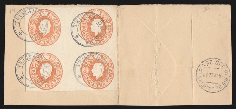 TRISTAN DA CUNHA : 1921 Precursor use GB KGV 2d block envelope cut-out. RARE!