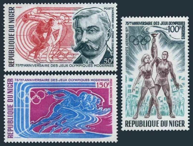 Niger C159-C161,MNH.Michel 291-293. Modern Olympic Games,75th Ann.1971.Coubertin 