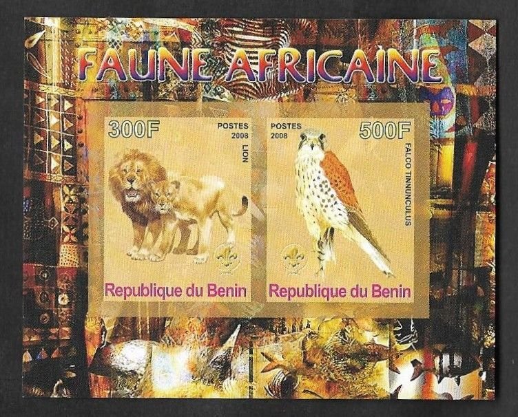 SE)2008 BENIN AFRICAN FAUNA, LION & VULGAR KEST FALCON, SOUVENIR LEAF, MNH