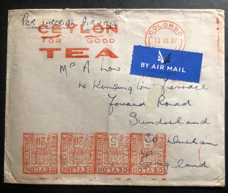 1947 Colombo Ceylon Meter Cancel Airmail Cover To Sunderland England Good Tea 