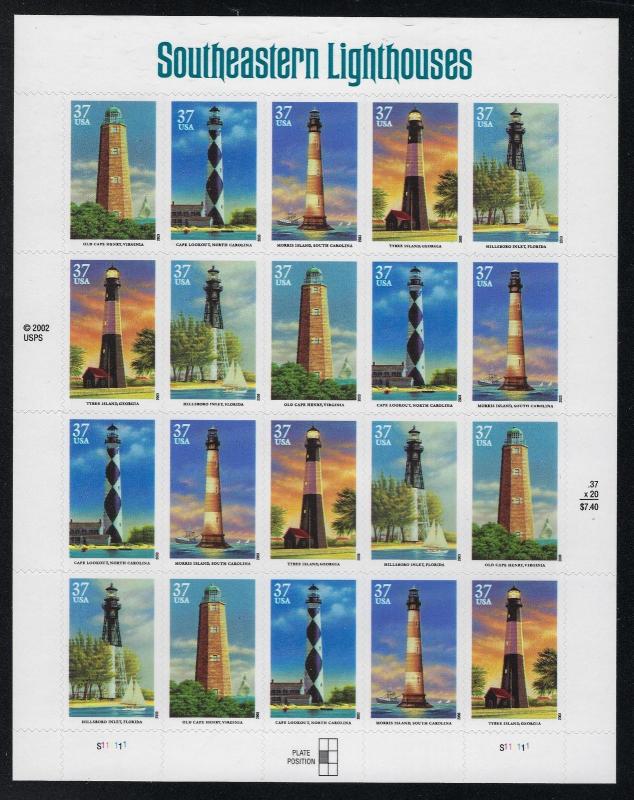 2003 37c Southeastern Lighthouses, Sheet of 20 Scott 3787-91 Mint F/VF NH