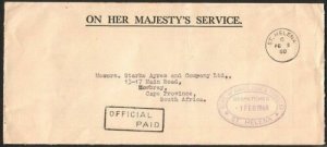 ST HELENA 1960 OHMS cover OFFICIAL PAID, Dept of Ag handstamp..............76352 